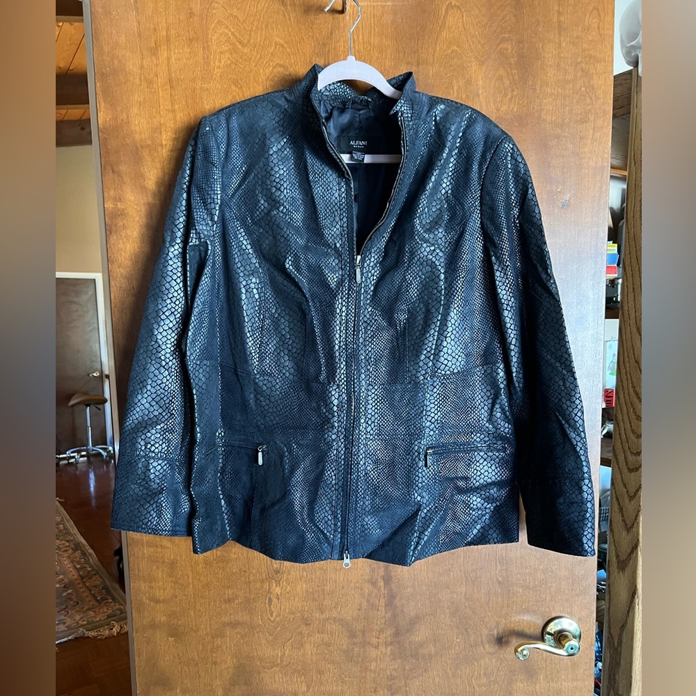 Alfani Women's Textured black and blue undertones Leather Jacket